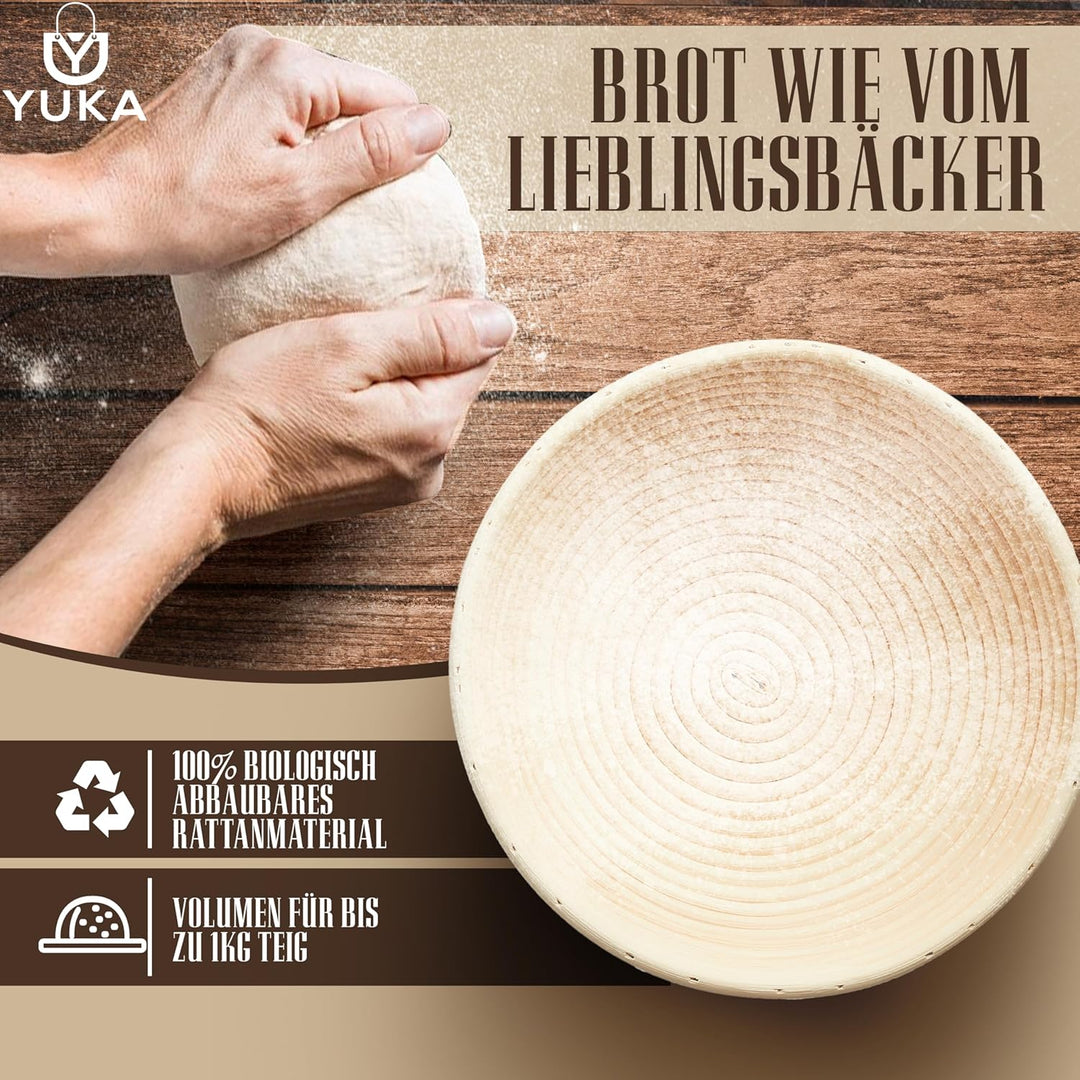 YUKA Profi Gärkörbchen rund für Brot 23cm [NEU] - Gärkorb set mit 3 Brotmuster-Plättchen [inkl. wasc