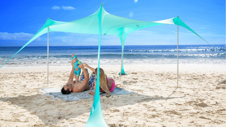 SUN NINJA Strandzelt, Sonnensegel LSF 50+, mit Sandschaufel, Heringen und Stabilitätsstangen, Schatt