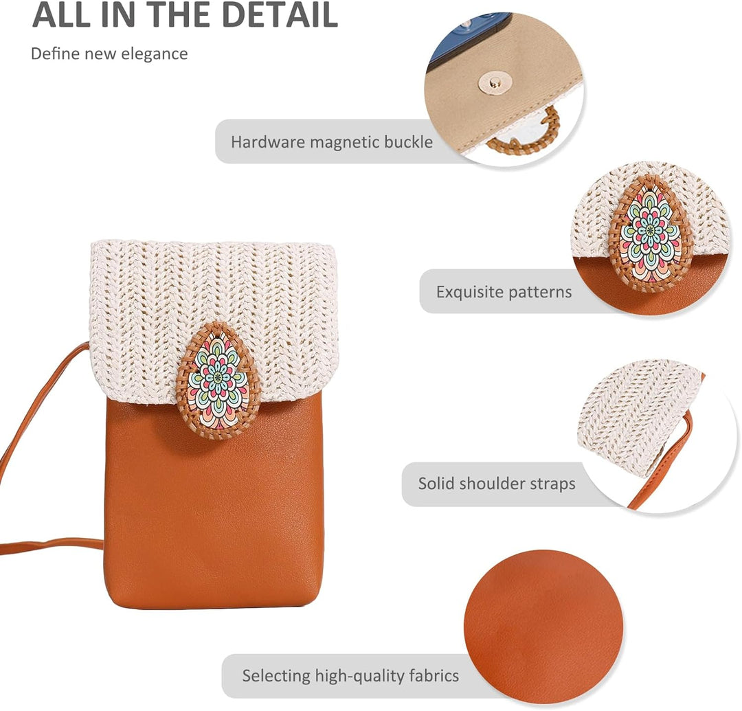 NICOLE & DORIS Damen Handytasche Zum Umhängen Klein Handy Schultertasche Stroh+PU Leder Handy Tasche