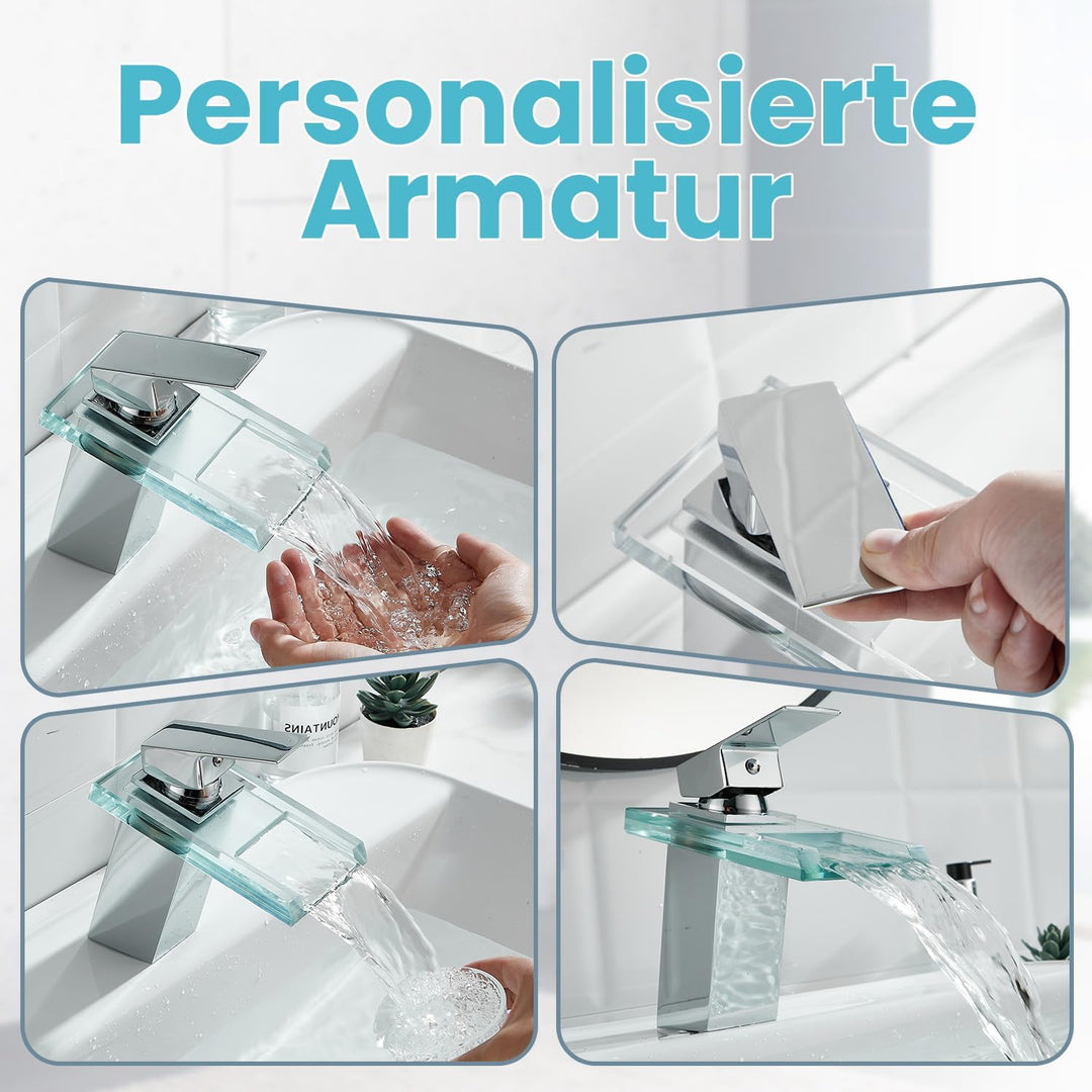 Wasserhahn Bad,Wasserfall Armatur Badezimmer Glas,Einhand-Waschtischarmatur,Chrome, Chrome