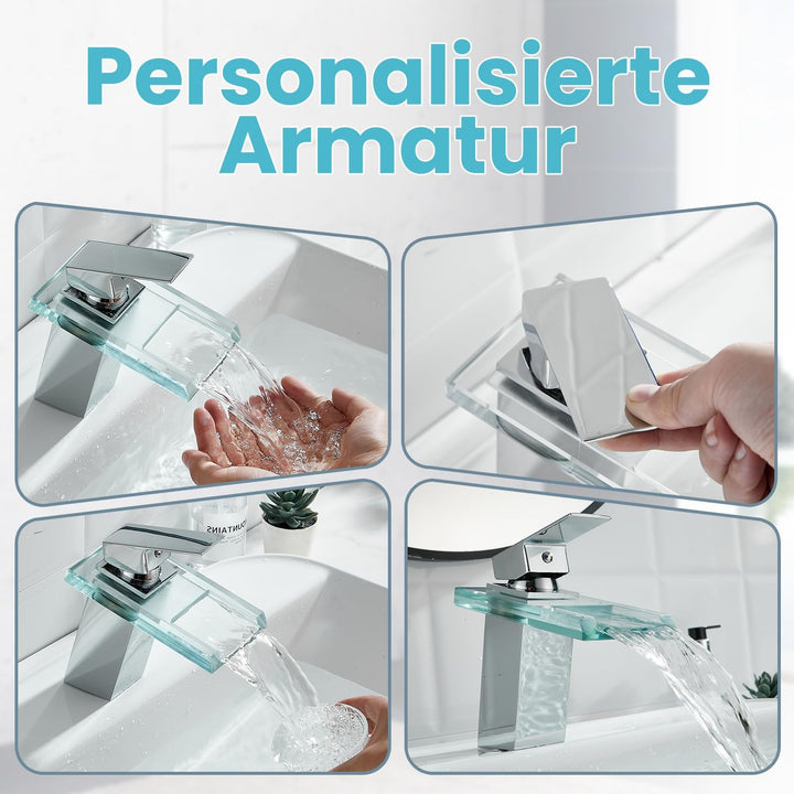 Wasserhahn Bad,Wasserfall Armatur Badezimmer Glas,Einhand-Waschtischarmatur,Chrome, Chrome