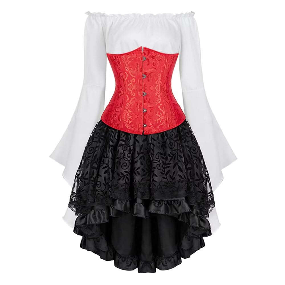 Josamogre Korsett Underbust 3Pcs Set Kostüm mit Corsagenkleid Corset Dress Corsage Spitzenrock und B