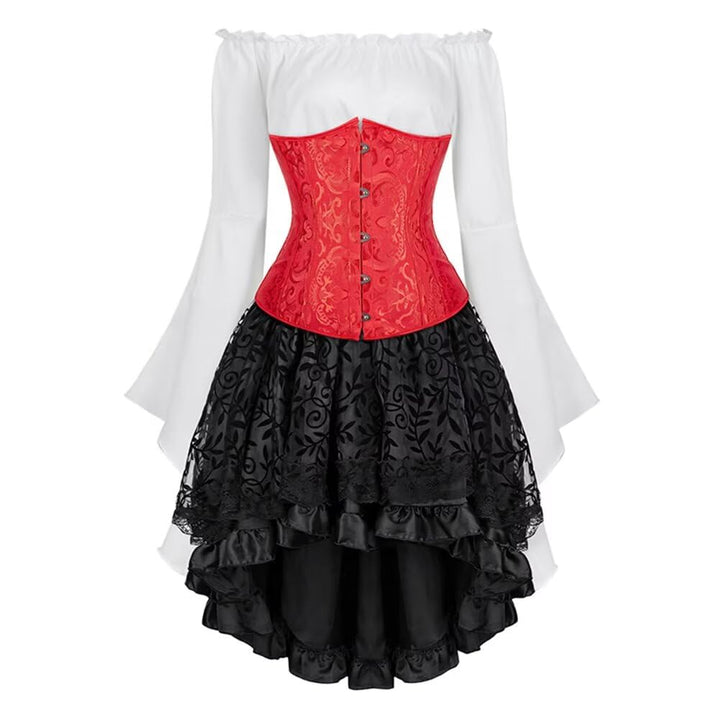 Josamogre Korsett Underbust 3Pcs Set Kostüm mit Corsagenkleid Corset Dress Corsage Spitzenrock und B