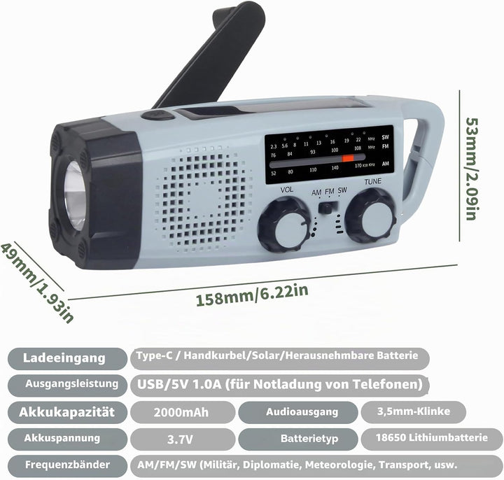 Notfallradio, FM AM SW NOAA Solar Radio Tragbar Kurbelradio mit LED Taschenlampe USB Handy Ladegerät