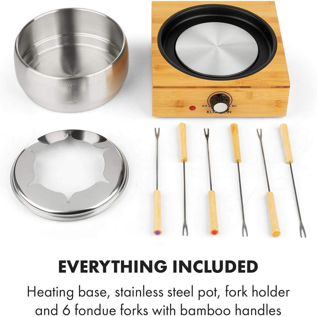 Klarstein Bambus Fondue, 800 Watt, Edelstahl-Topf, Gerätebasis aus Bambus, Füllmenge 1,3 Liter max.,