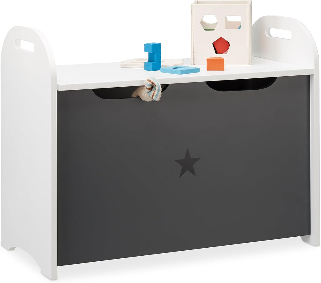 Relaxdays, Weiss-Grau Spielzeugtruhe für Kinder, Stauraum für Spielzeug, Sitzbank m. Deckel, HBT 47x