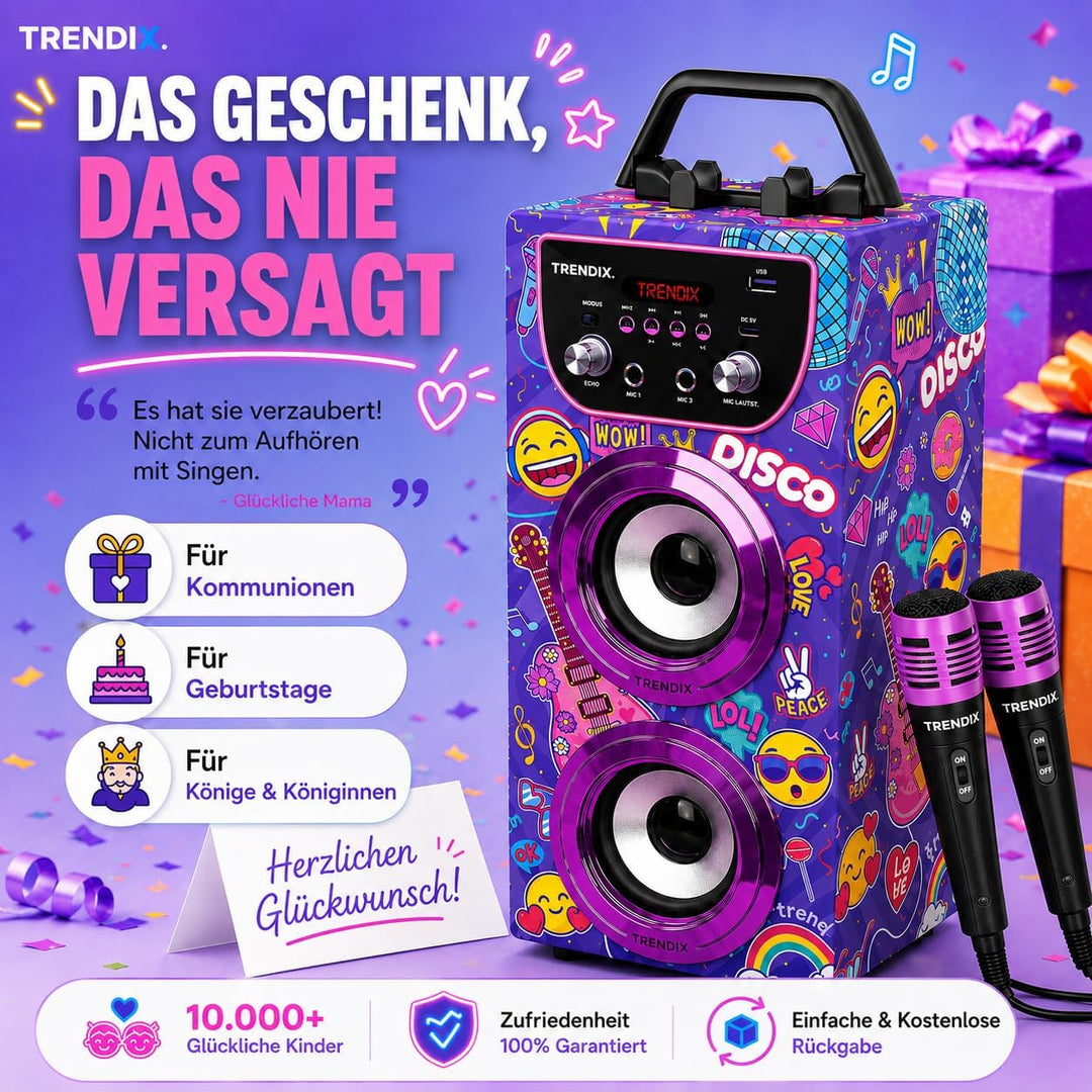 Trendix - Karaoke Maschine Kinder Top Singer | Karaoke Anlage Mit 2 Mikrofonen, Radio Fm, USB, Bluet