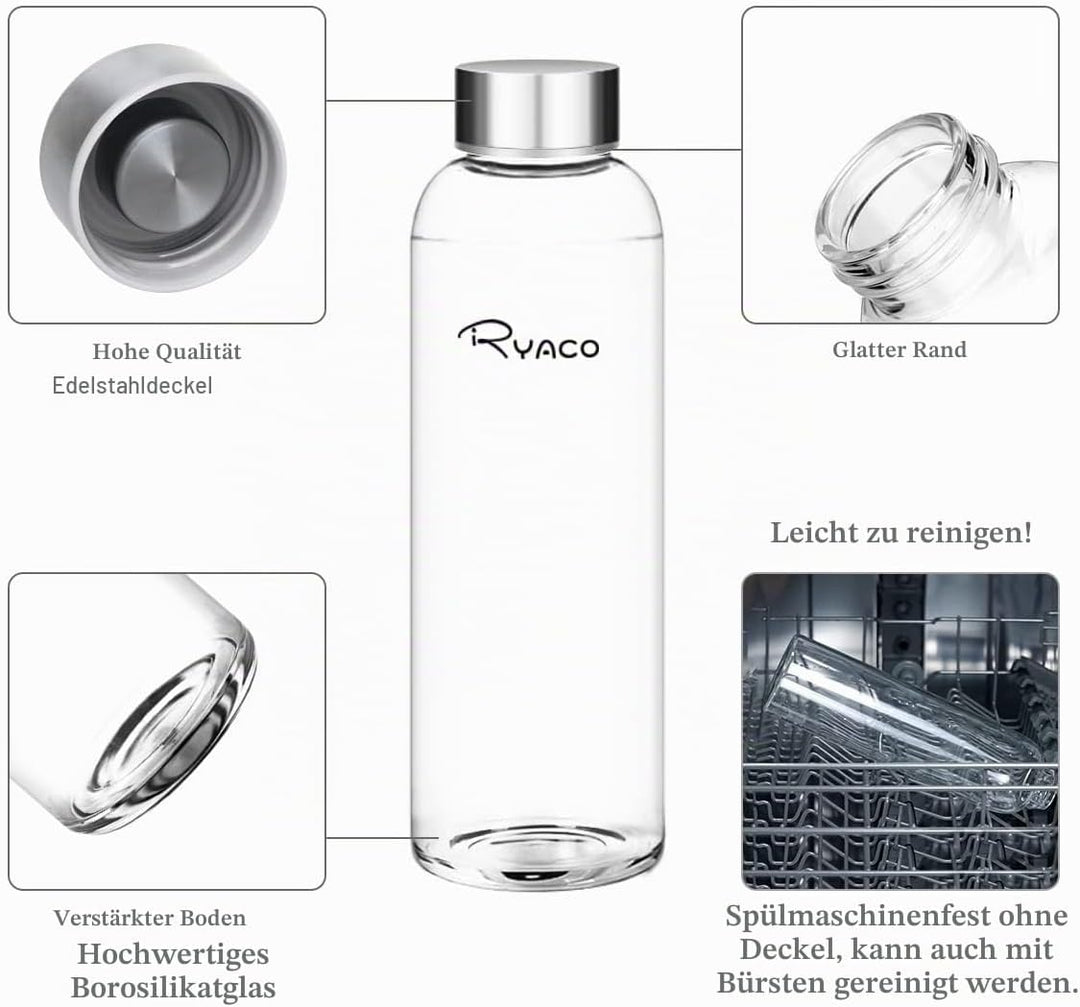 Ryaco Trinkflasche aus Glas 550ml/750ml/1000ml/1L,Glasflasche mit Neoprenhülle,Glastrinkflasche mit
