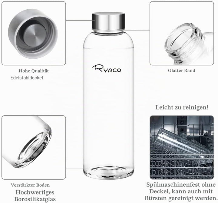 Ryaco Trinkflasche aus Glas 550ml/750ml/1000ml/1L,Glasflasche mit Neoprenhülle,Glastrinkflasche mit