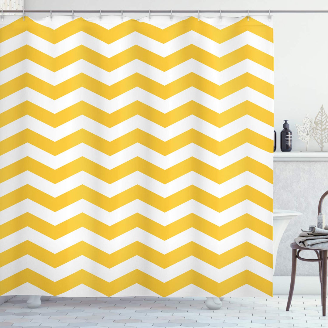 ABAKUHAUS Gelber Chevron Duschvorhang, Wellenförmige Horizontal Kunst, Stoffliches Gewebe Badezimmer