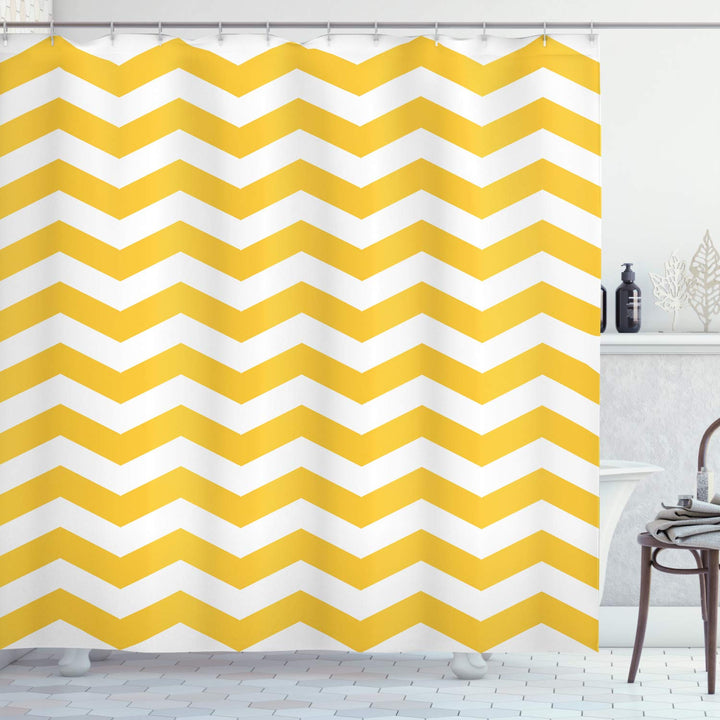 ABAKUHAUS Gelber Chevron Duschvorhang, Wellenförmige Horizontal Kunst, Stoffliches Gewebe Badezimmer