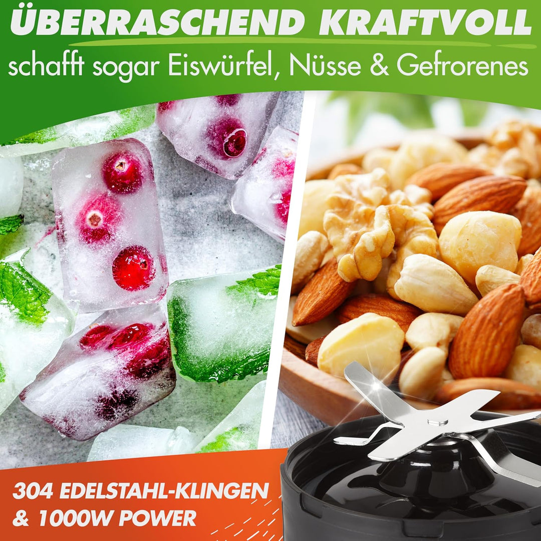 Nutrilovers NUTRI-BLENDER Mixer Smoothie-Maker to go 1000 Watt Standmixer klein Mini-Mixer für Smoot