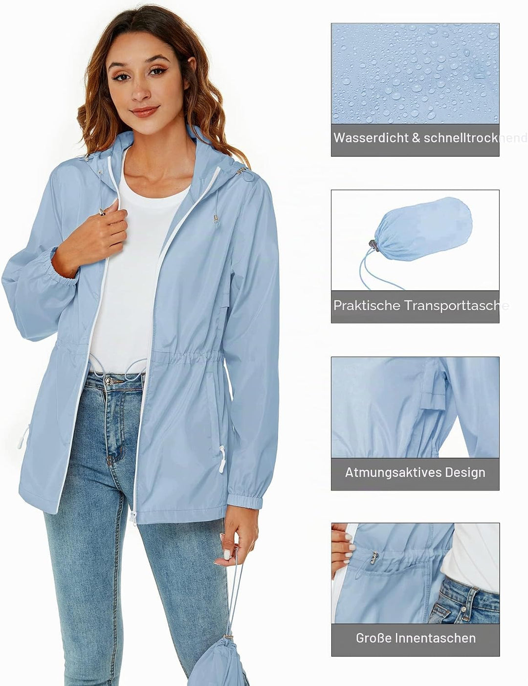 Rapbin Regenjacke Damen Wasserdicht Atmungsaktiv Leicht Outdoorjacke Windbreaker Packbare Regenmante