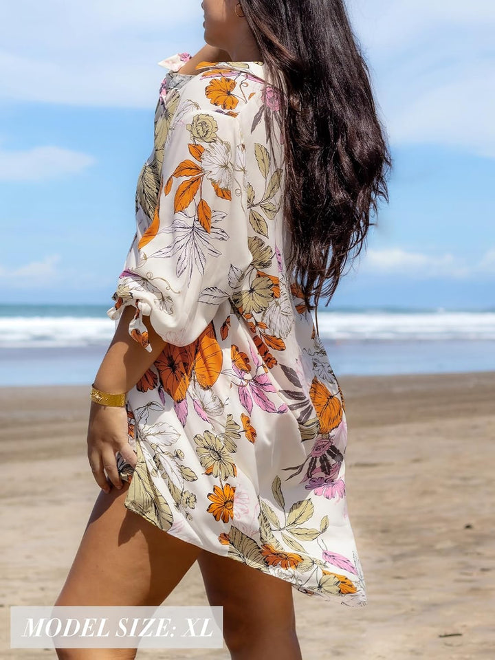 CUPSHE Damen Blusenkleid V Ausschnitt Langarm Lockeres Sommerkleid Freizeitkleider Bikini Cover Up H