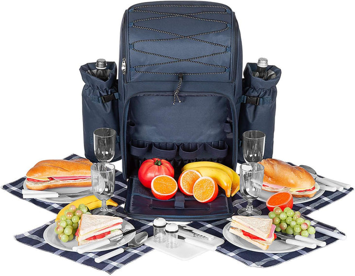 anndora Picknickrucksack mit Kühlfach Zubehör 29-teilig - blau weiss Navy Blau Weiss