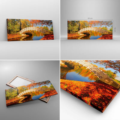 Wandbilder Dekoration Wohnzimmer Stream Fussgängerbrücke Herbst Panorama Bilder auf Leinwand 120x50c