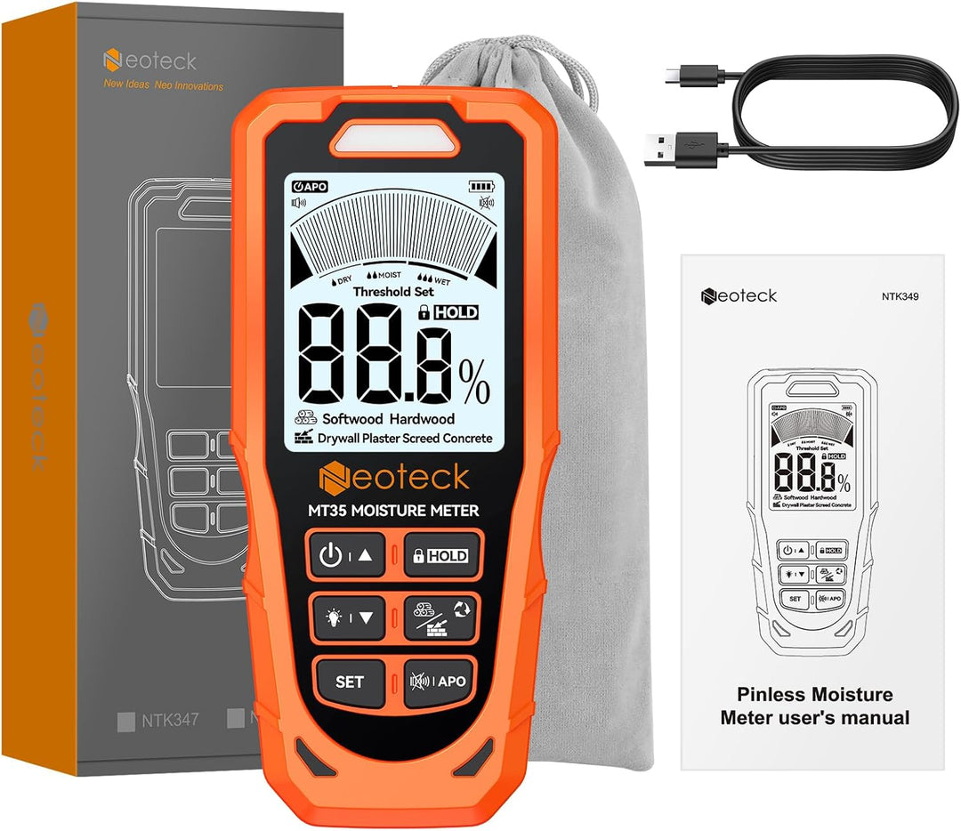 Neoteck Pinless Feuchtigkeitsmesser Digitaler Feuchtigkeitsmesser mit 3-farbigem LCD-Warnsystem, aku