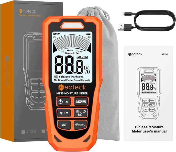 Neoteck Pinless Feuchtigkeitsmesser Digitaler Feuchtigkeitsmesser mit 3-farbigem LCD-Warnsystem, aku