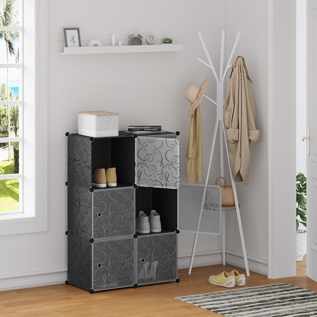 WOLTU Schuhboxen stapelbar, Schuhregal mit 6 Stapelboxen, Aufbewahrungsbox mit Tür, DIY Steckregal,