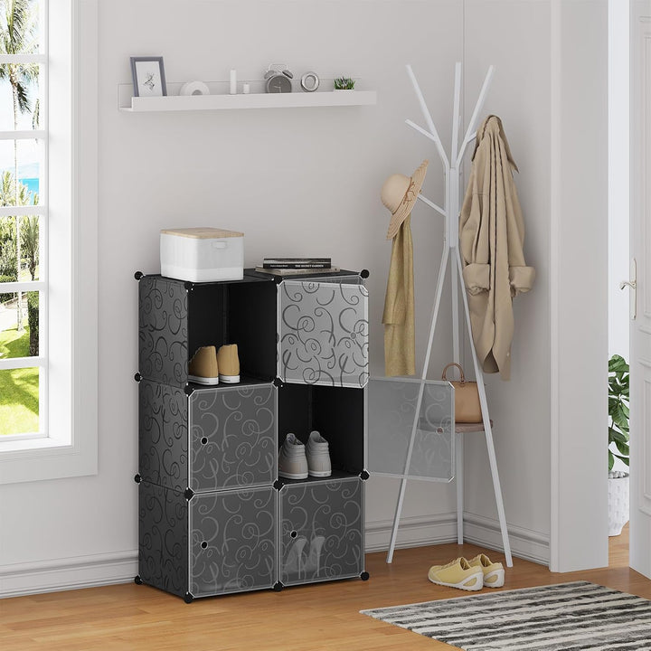 WOLTU Schuhboxen stapelbar, Schuhregal mit 6 Stapelboxen, Aufbewahrungsbox mit Tür, DIY Steckregal,