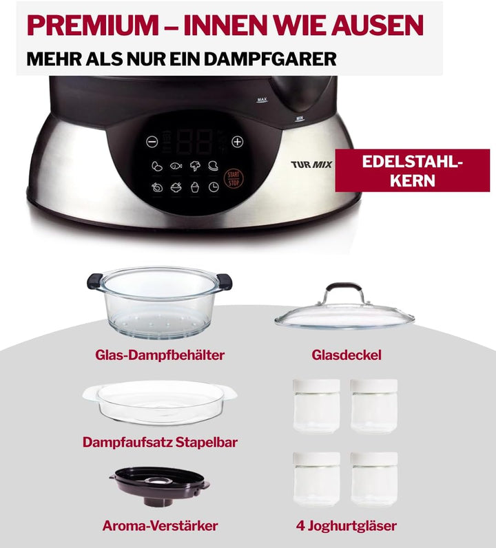 Turmix Steamer CX 220 – Dampfgarer topf 5,2 L mit Glasbehältern & Digitaldisplay, Touch-Bedienung, W