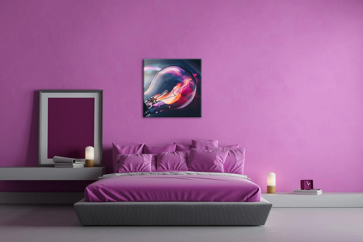 brennende Glühbirne Format: 70x70 als Leinwandbild, Motiv fertig gerahmt auf Echtholzrahmen, Hochwer