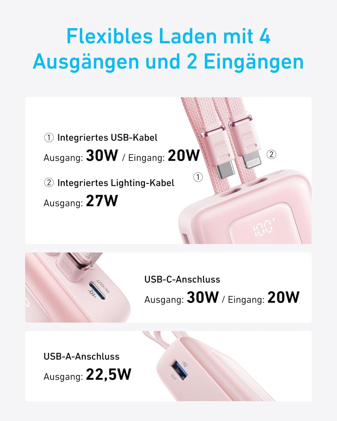 Anker Zolo Powerbank 20000mAh 30W Max, integriertes USB-C &amp; Lightning Kabel