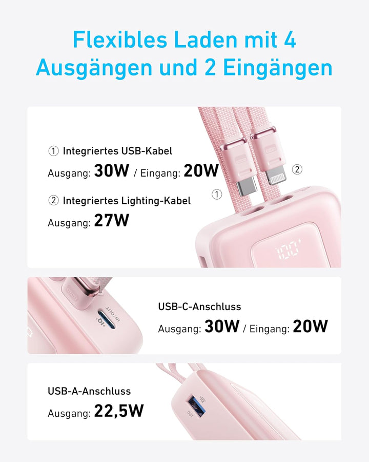 Anker Zolo Powerbank 20000mAh 30W Max, integriertes USB-C &amp; Lightning Kabel