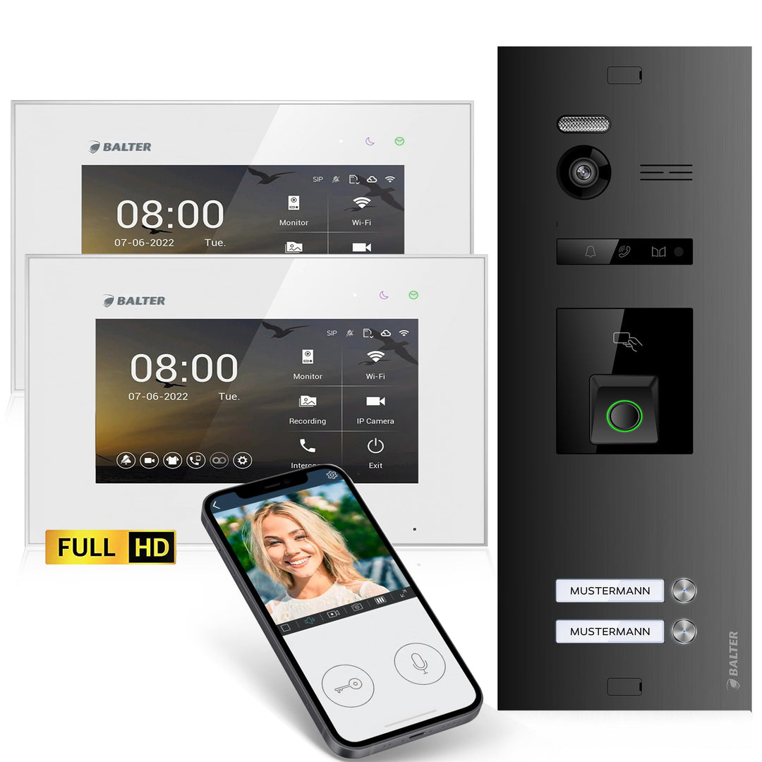 Balter EVO-HD Video Türsprechanlage mit Fingerprint, Video Türklingel, Smartphone App, 2 Familienhau