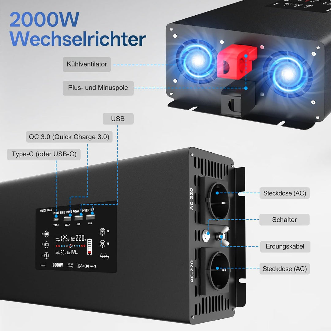2000W Wechselrichter Reiner Sinus 12v auf 230v - Fernbedienung Spannungswandler mit 3 USB Ports 2 EU