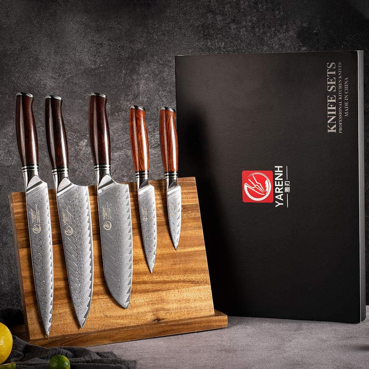 YARENH 5er Damastmesser Set, Scharfes Profi Damast Kochmesser Messerset, 73 Schichten Damaskus Stahl