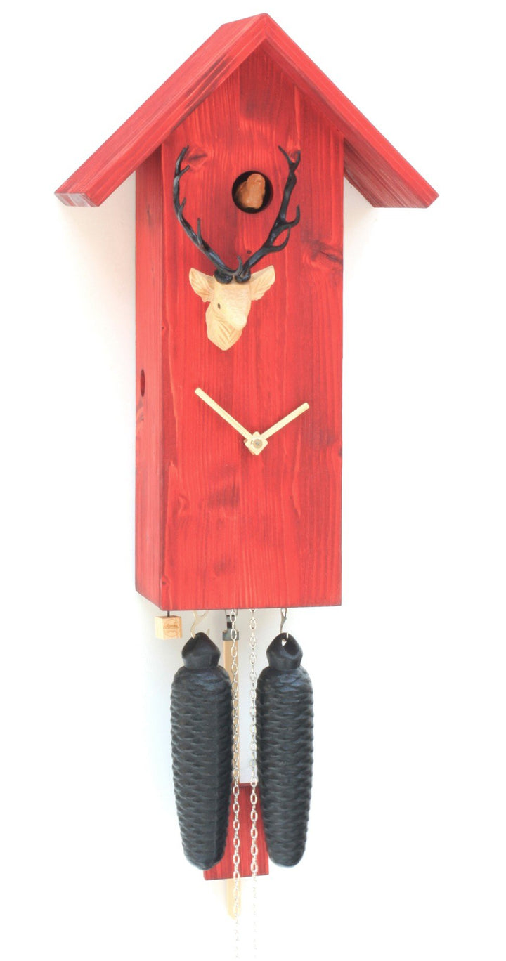 Rombach & Haas Moderne Kuckucksuhr Vogelhaus Simple Line gebürstetes Massivholz rot 8-Tagewerk 41 cm