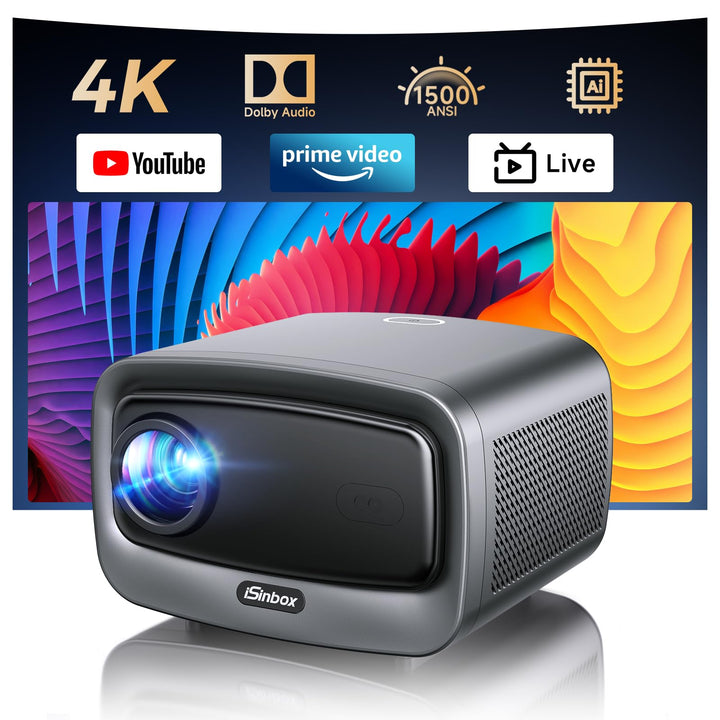 4K Beamer kompatibel mit Netflix & Dolby Audio | iSinbox Smart Beamer 1500 ANSI, HDR10+, Autofokus,
