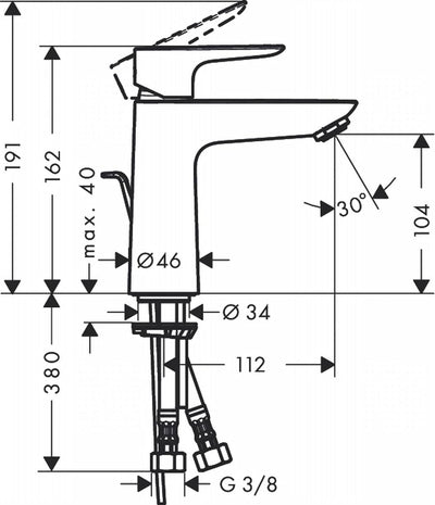 hansgrohe Waschtischarmatur Talis E, Wasserhahn Bad mit Auslauf Höhe 110 mm, mit Zugstange, Badarmat