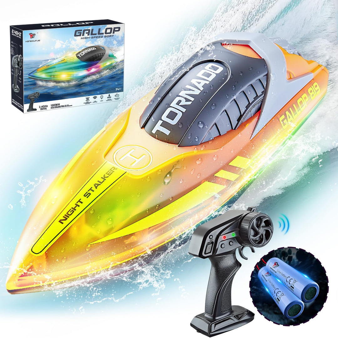 JONRRYIN Ferngesteuertes Boot, RC Boot mit LED-Licht für Pools und Seen, 2,4 GHz Ferngesteuerte Boot
