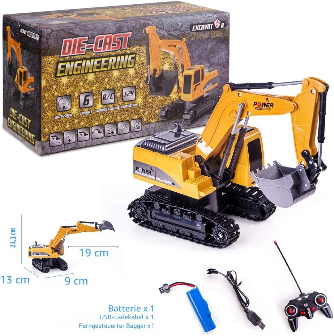 Highttoy Ferngesteuerter Bagger, 6 Kanal RC Bagger für Jungen Bagger Traktor Spielzeug mit Lichtern