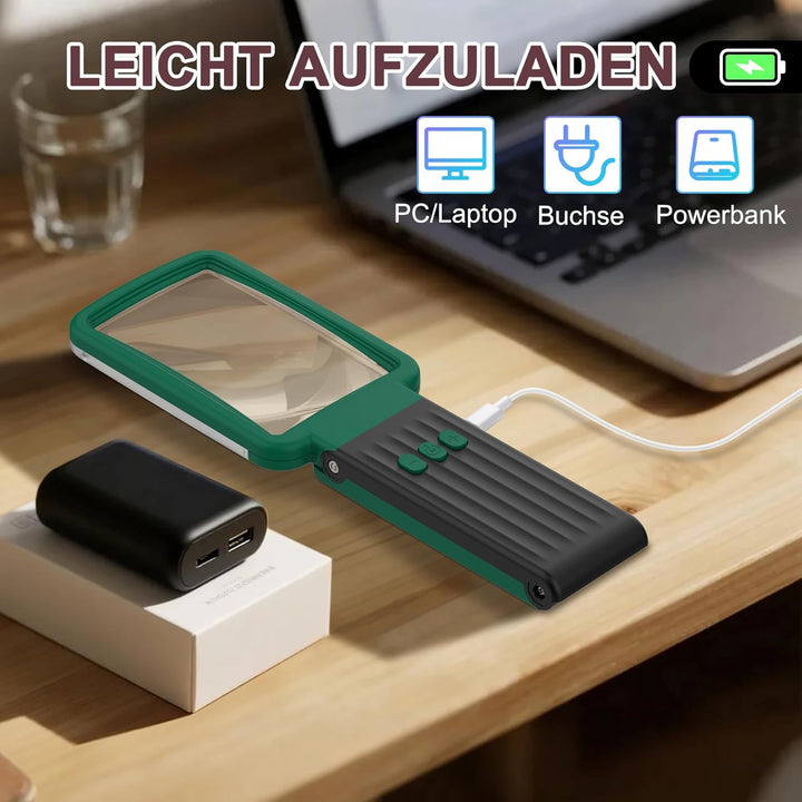 15X Lupe mit Licht und Ständer, Echtglaslinse Leselupe, Wiederaufladbare, Faltbare Grosse Handlupe,