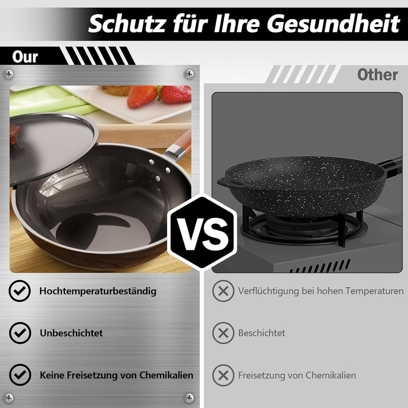 W&H 32cm/5,2L Wokpfanne mit Deckel,Ohne Chemische Beschichtung,Gusseisen Wok zum Kochen, Braten und