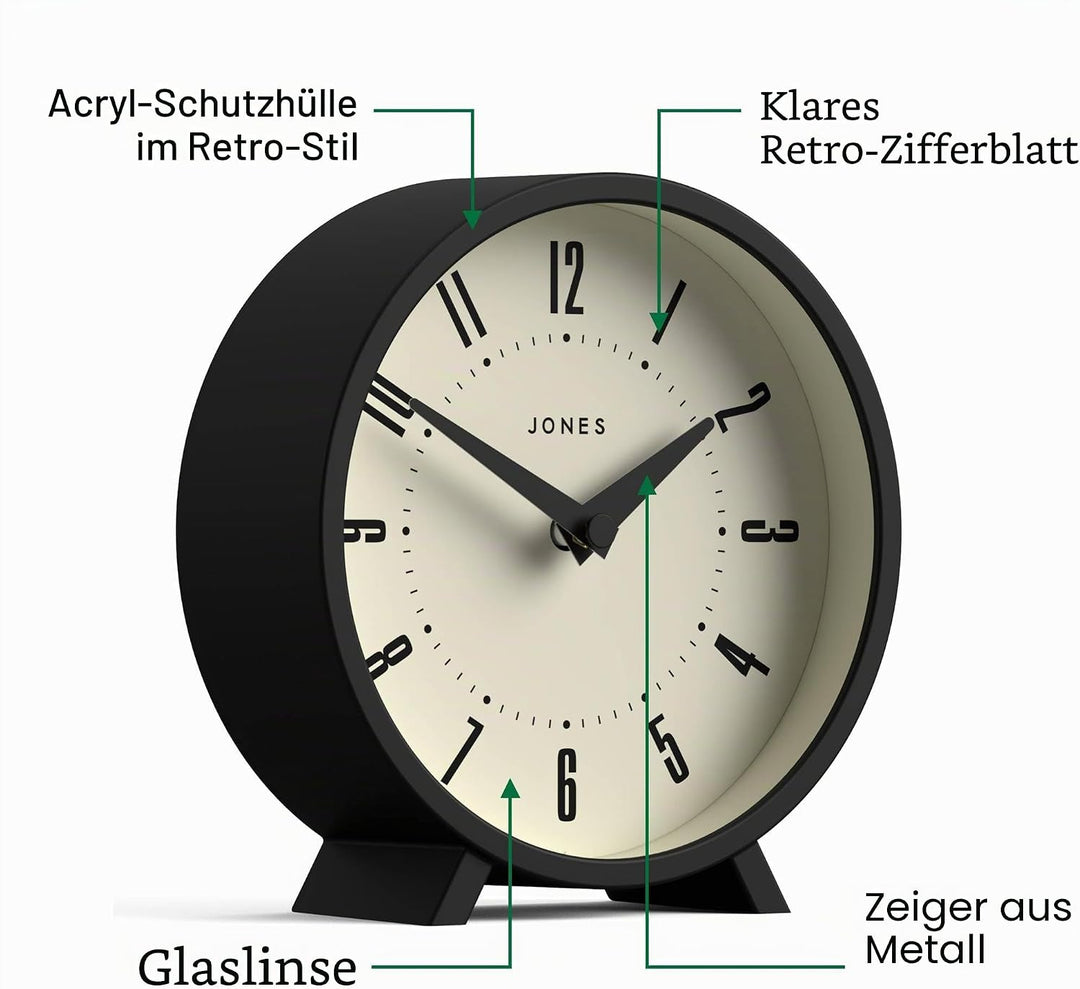 JONES CLOCKS® Venus schreibtischuhr | Modernes rundes Design | Schwarz | Stilvoller retrolook für Re