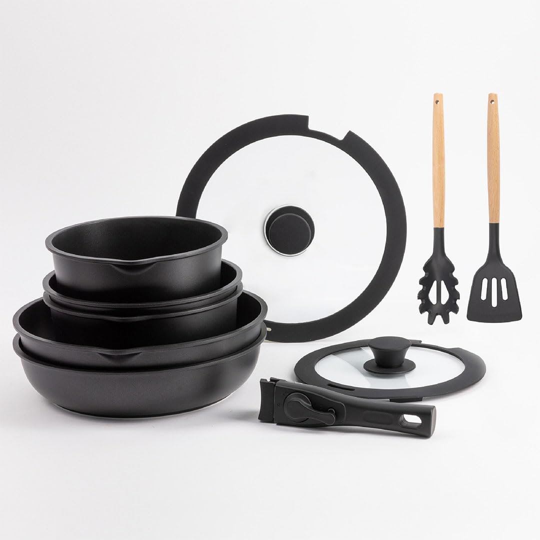 BERGNER CLICK&COOK - Set 10 PZS Schwarzes Easy Click Kochgeschirr - Pfannen und Töpfe mit schwarzer