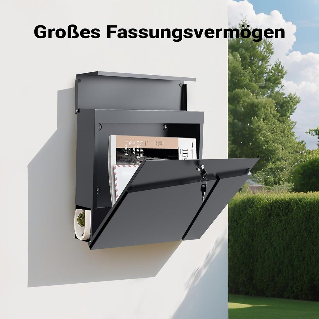 Wiltec Designer Briefkasten V23 anthrazit 370 x 105 x 370 mm, Wandbriefkasten mit Schloss und Zeitun