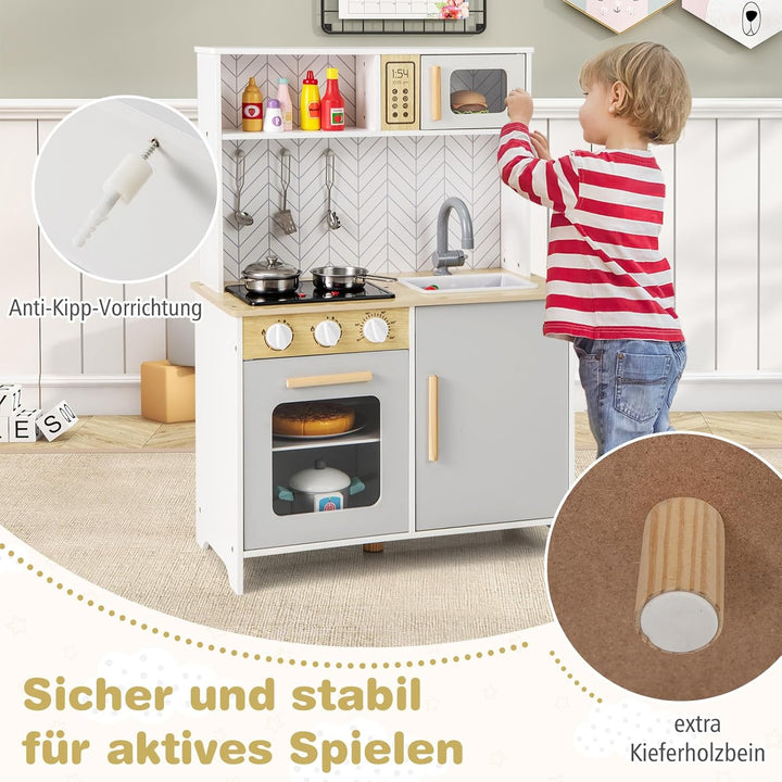 DREAMADE Kinderküche Holz mit Zubehör, Holzküche Mini Küche Kinder Küche mit Herd Ofen Waschbecken,