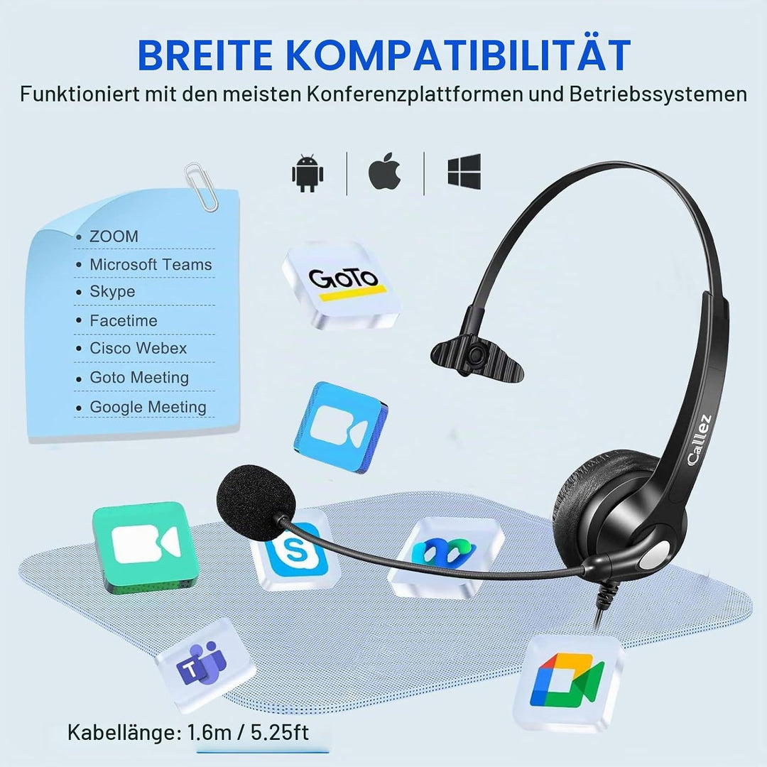 3,5mm Klinke Headset Handy mit Mikrofon Noise Cancelling, USB-C PC Headset mit Kabel für Laptop Mac