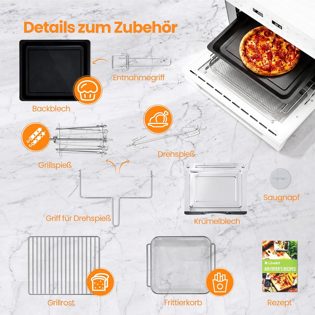 LLIVEKIT 30L Heissluftfritteuse XXL, Minibackofen Umluft mit 20 Programme | 9 Zubehör, Mini Backofen