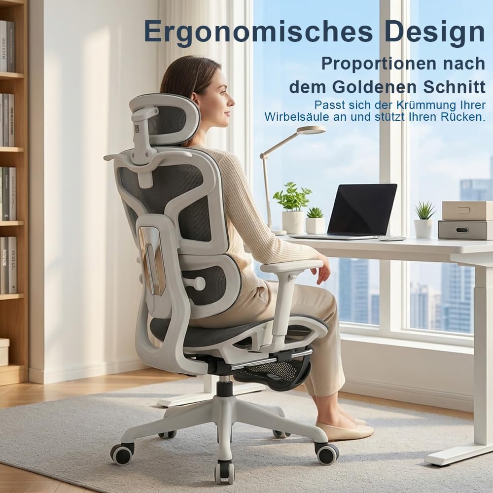 Ergonomischer Bürostuhl mit Lendenwirbelstütze, Kopfstütze & Fussstütze, Höhenverstellbarer Drehstuh