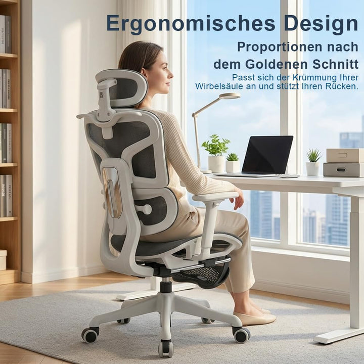 Ergonomischer Bürostuhl mit Lendenwirbelstütze, Kopfstütze & Fussstütze, Höhenverstellbarer Drehstuh