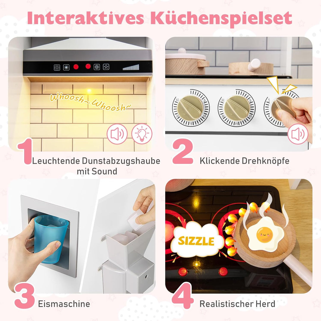DREAMADE Kinderküche Holz mit 10 TLG. Zubehör, Holzküche Kinder Küche mit Herd Dunstabzugshaube Eism
