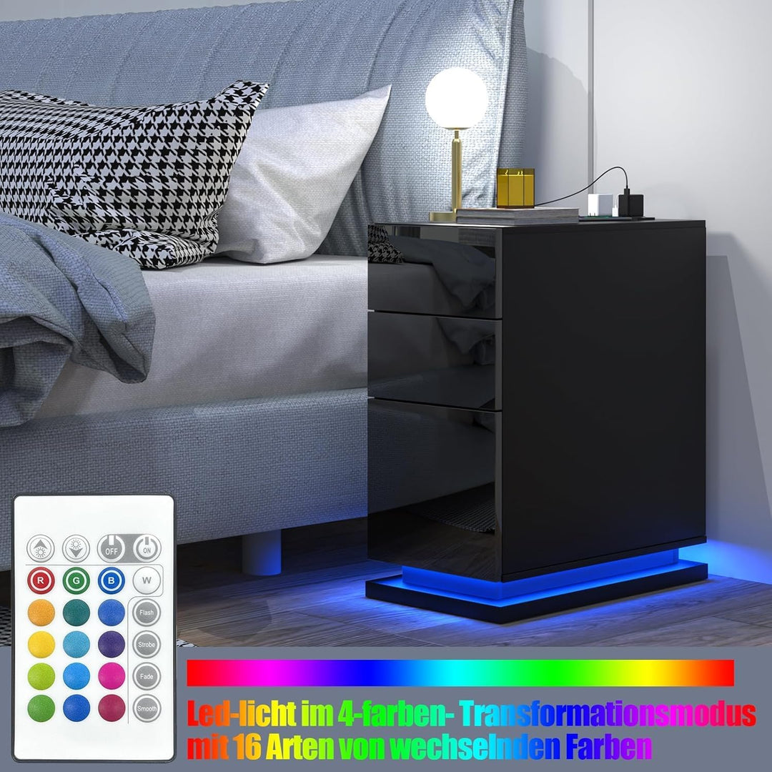 PIPIPOXER Nachttisch LED mit Steckdose & USB, Nachttisch Weiss Hochglanz Nachtkommode mit 3 Schublad