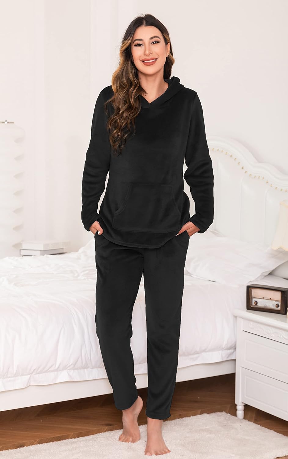 Lovasy Fleece Schlafanzug Damen Winter Lang Pyjama Set Warmer Flauschiger Frottee Schlafanzüge für D