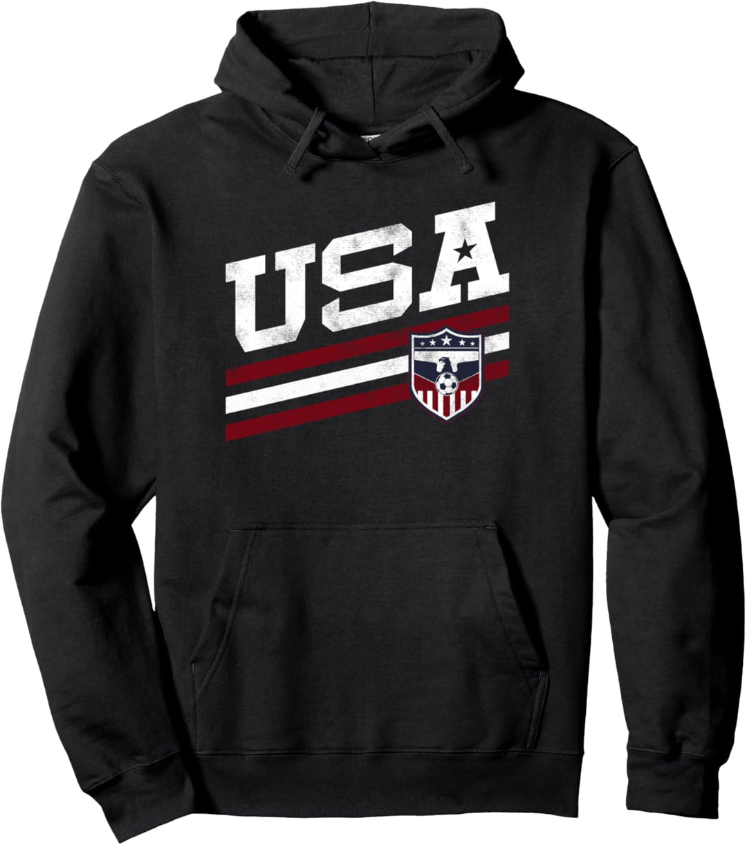 Trendy USA Red White Stripes Soccer Team Patch Logo Pullover Hoodie